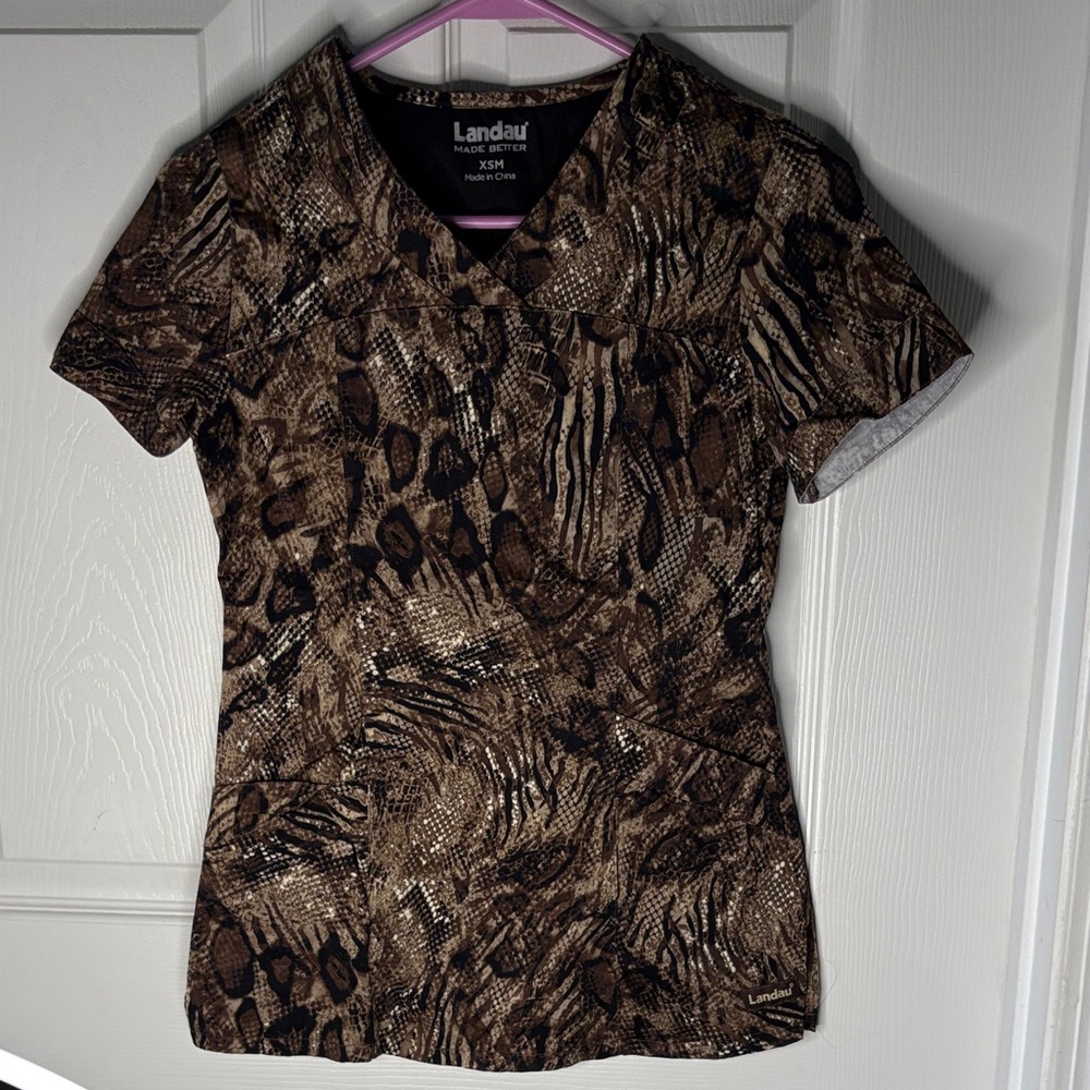 Landau Women's Short Sleeve Scrub Top in Brown Animal Print